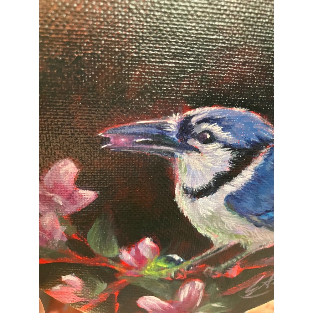 Original Blue Jay painting Friends Round Acrylic Bird Floral 2026 Artettina USA - Picture 3 of 8